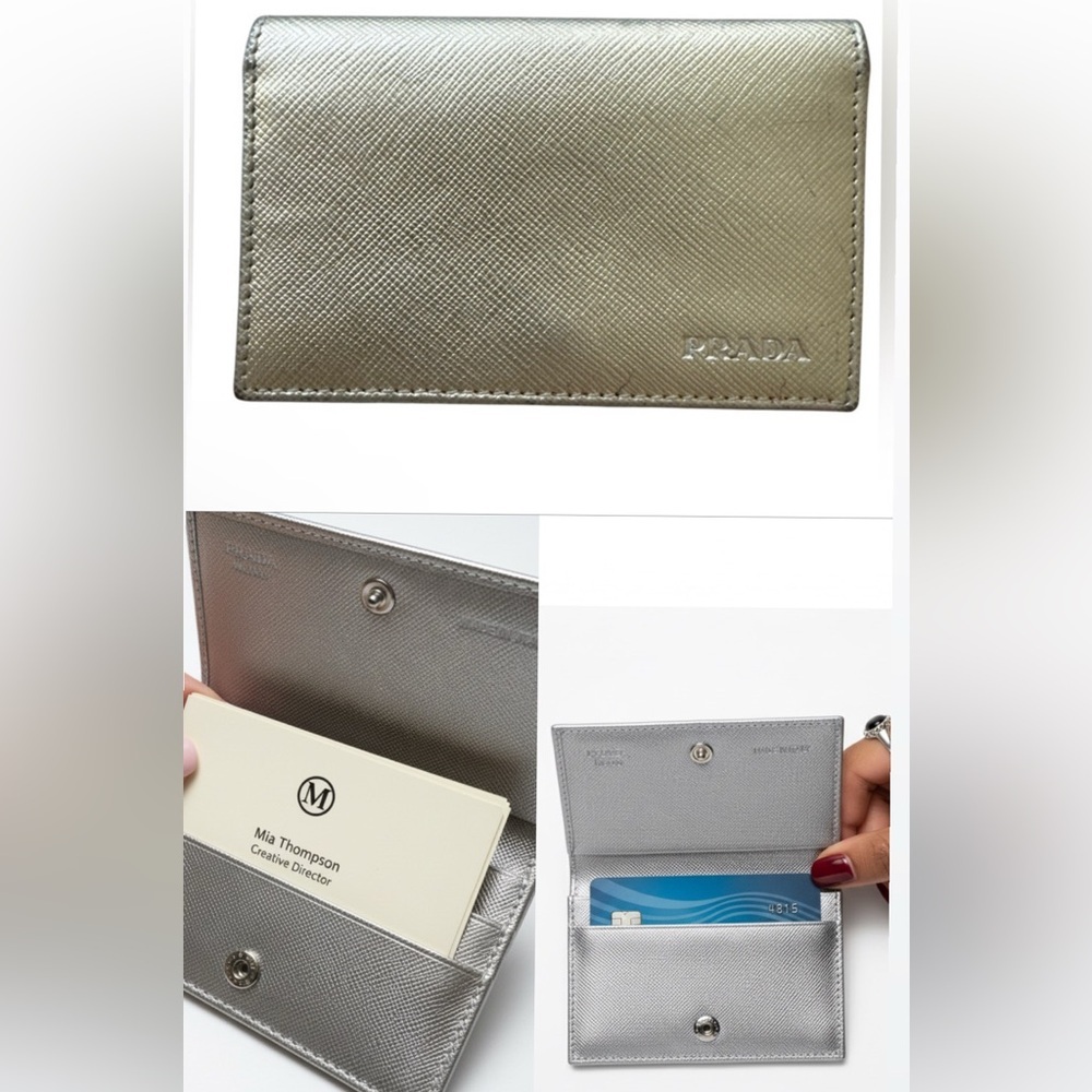 PRADA Saffiano Leather Card Case Wallet Metallic Silver Made in Italy